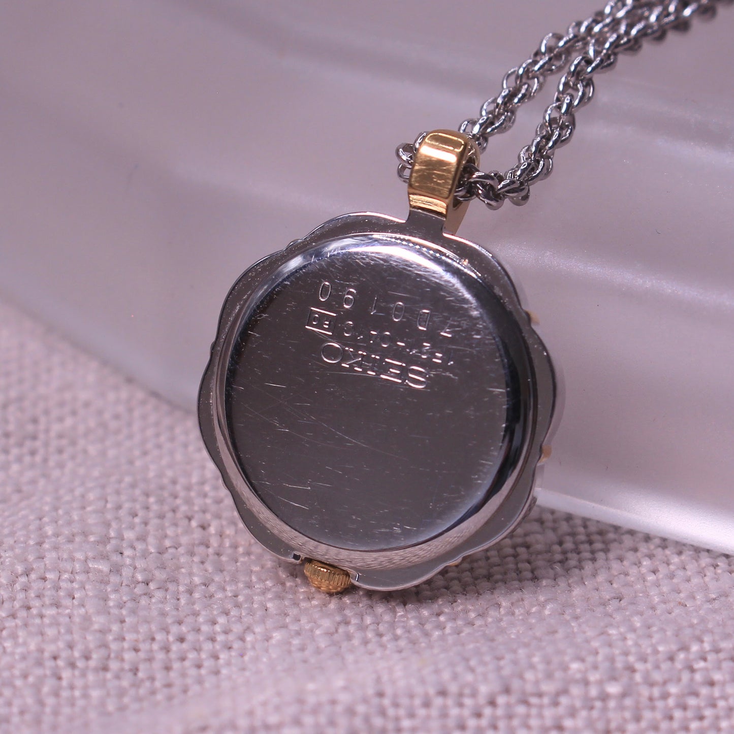 Vintage Seiko Roman Dial Pendant Watch Two Tone Necklace - Fully Working - 1987