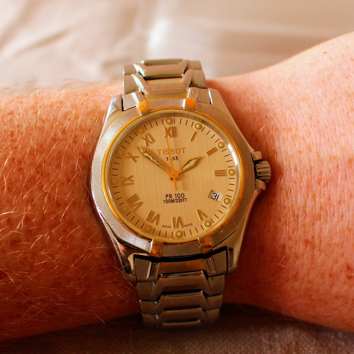 Tissot PR 100 Mens 90s Watch - Two Tone, Linen Dial, Sapphire Crystal, Swiss