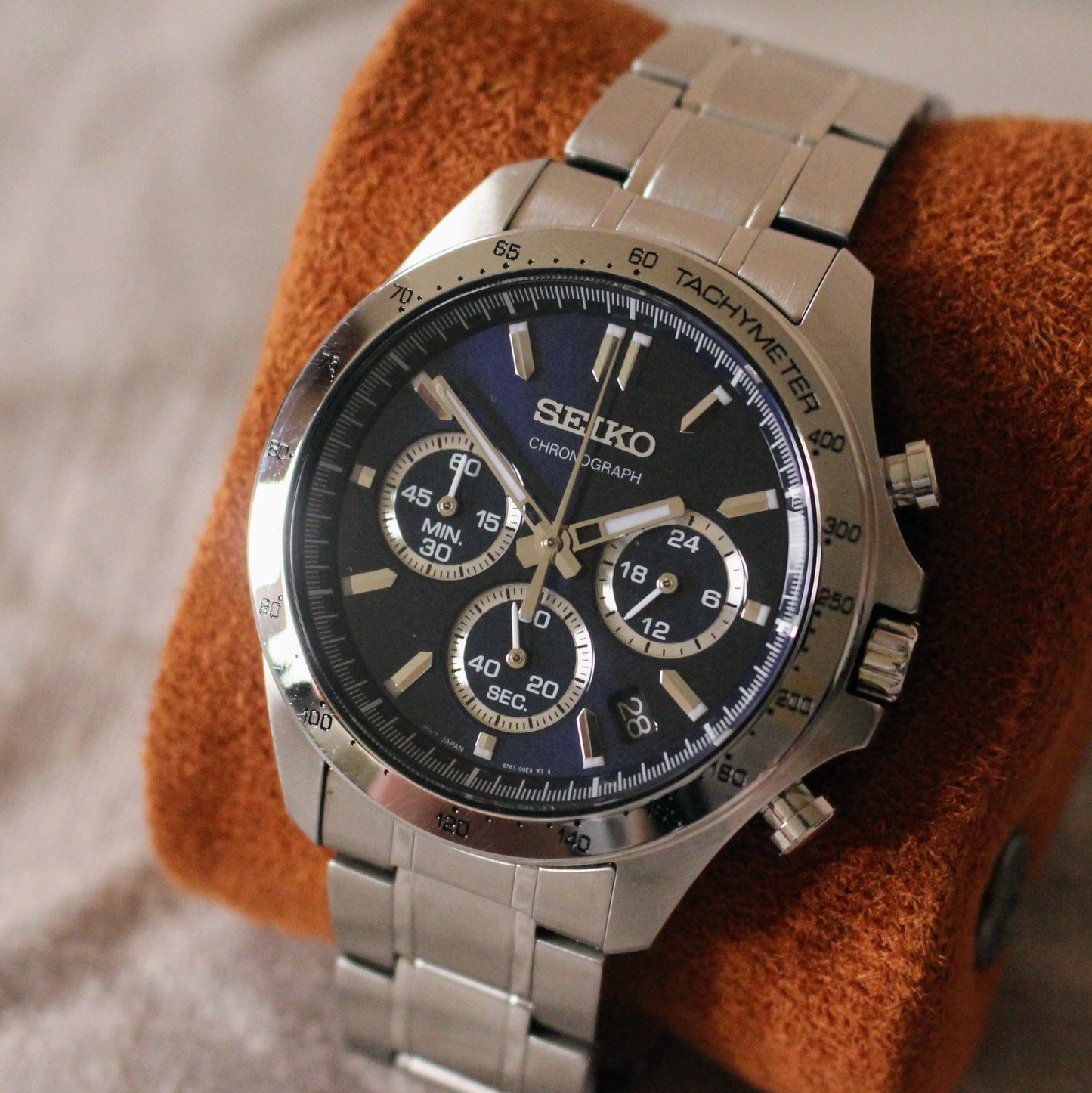 Modern Seiko Chronograph Quartz Watch 8T63 Blue Dial Steel Great Cond