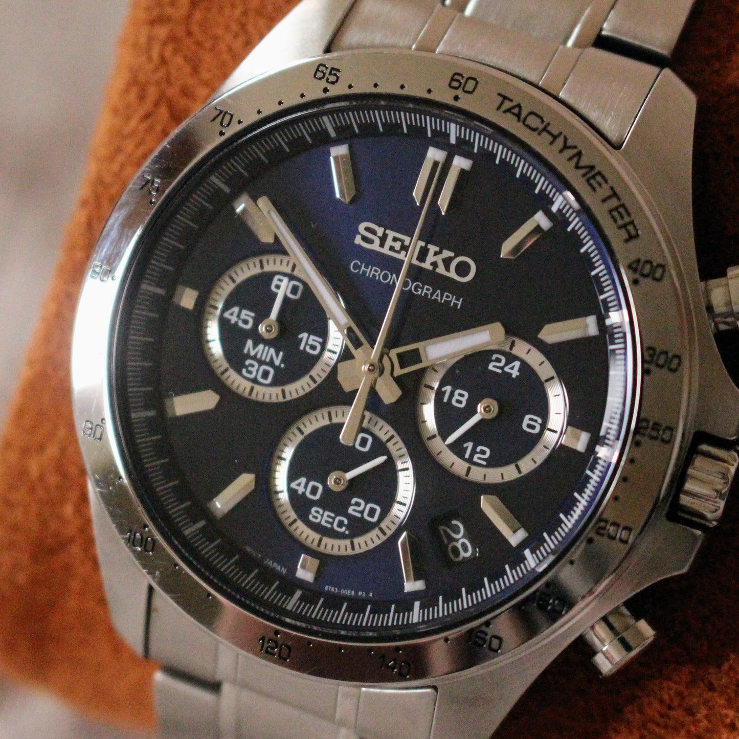 Modern Seiko Chronograph Quartz Watch 8T63 Blue Dial Steel Great Cond