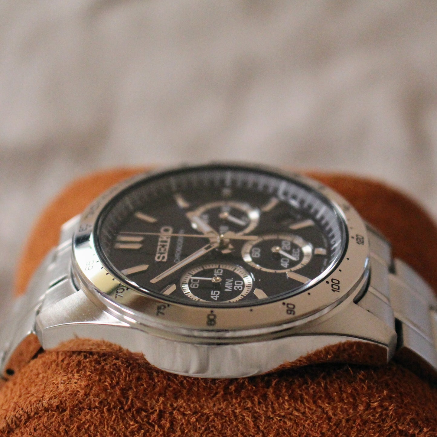 Modern Seiko Chronograph Quartz Watch 8T63 Blue Dial Steel Great Cond