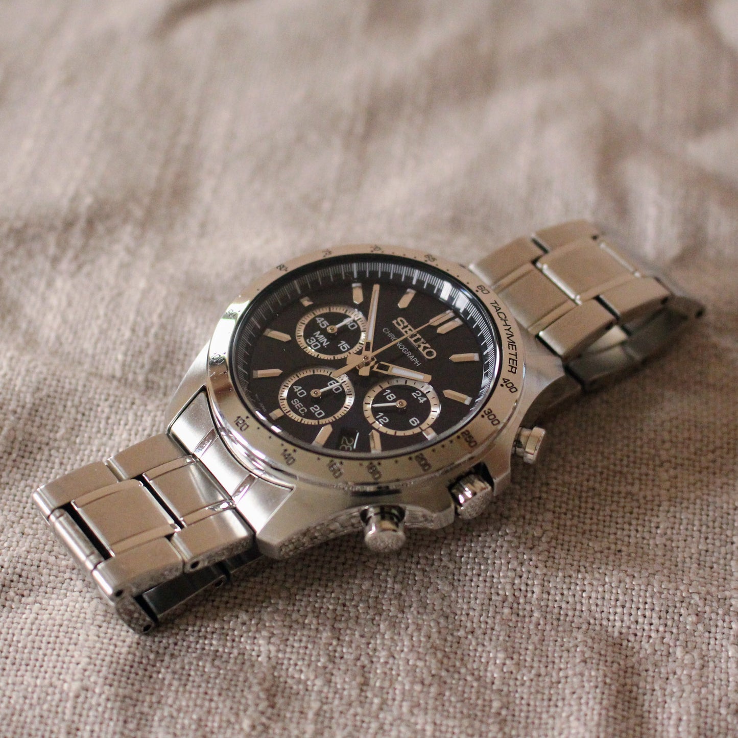 Modern Seiko Chronograph Quartz Watch 8T63 Blue Dial Steel Great Cond