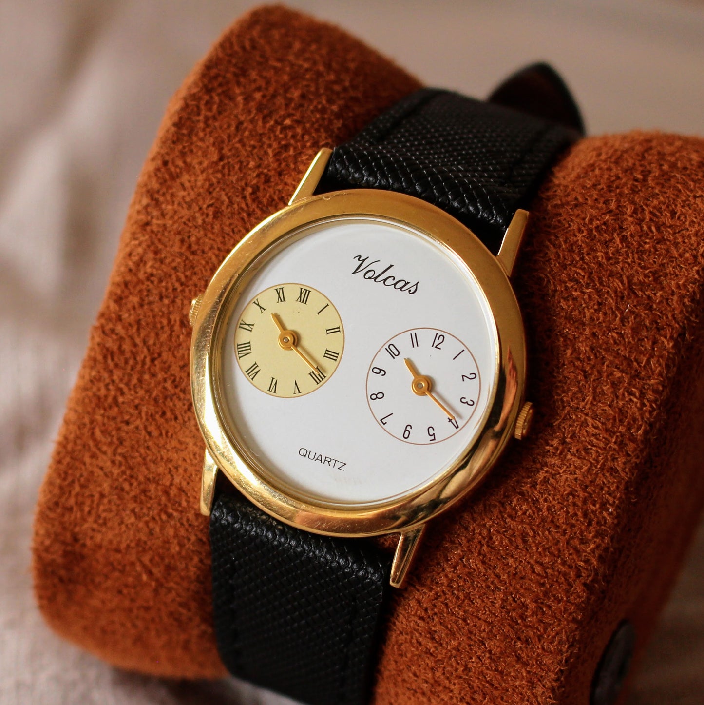 Vintage Volcas Dual Time Quartz Watch 80s Two Clocks Gold Tone Great Cond