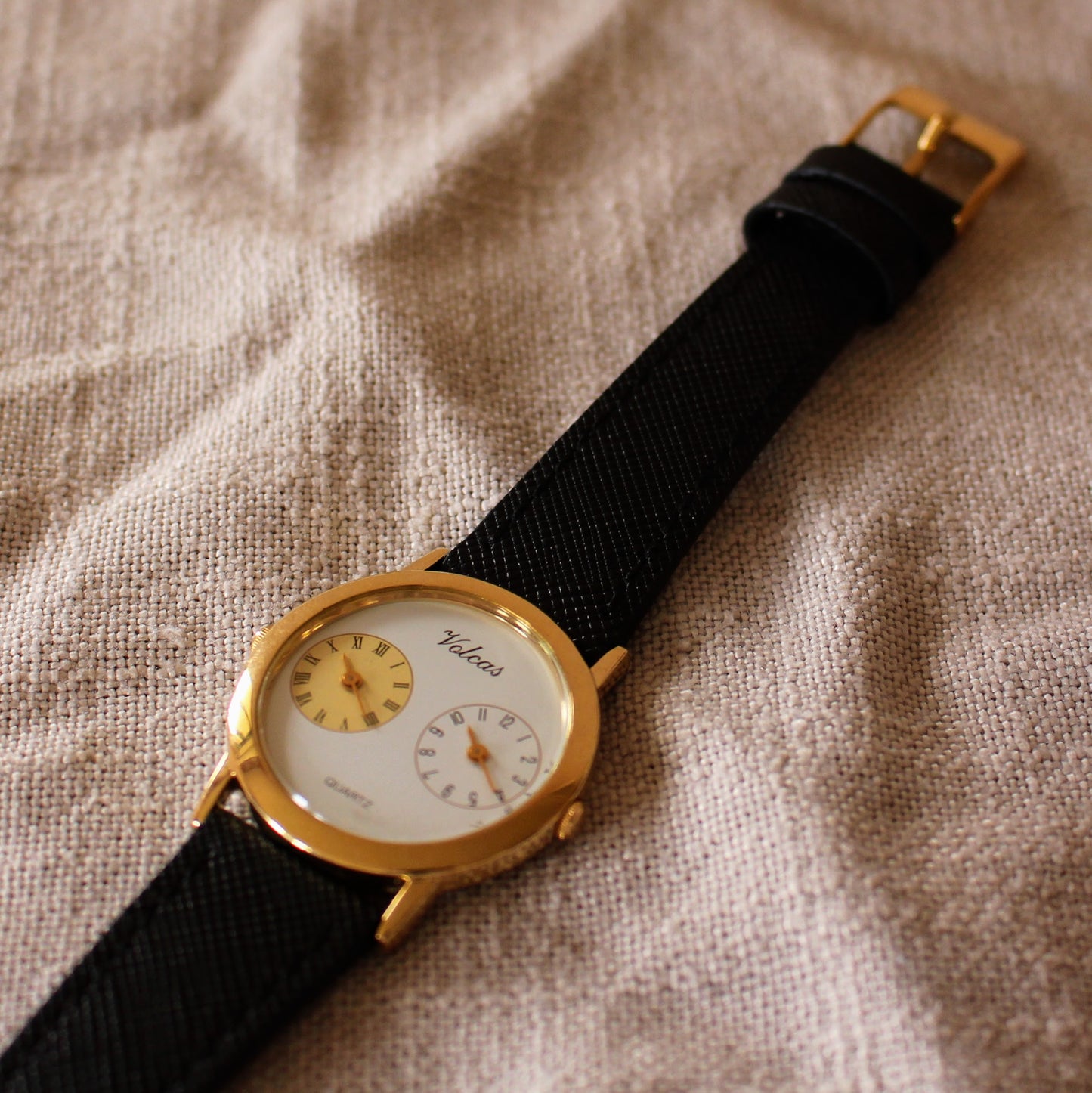 Vintage Volcas Dual Time Quartz Watch 80s Two Clocks Gold Tone Great Cond