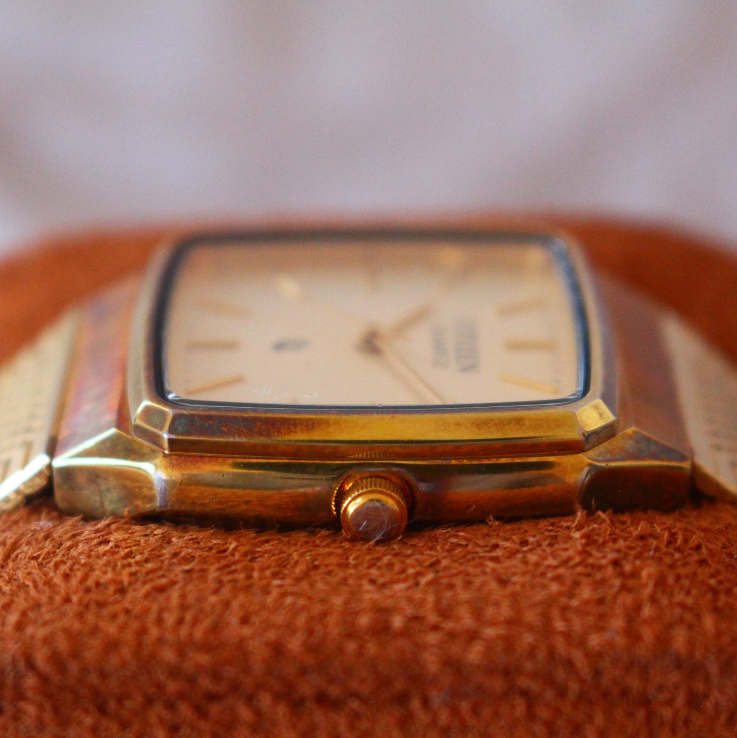 Vintage Citizen Quartz CQ Gold Tone Square Brass Case Patina Womens Watch - 80s