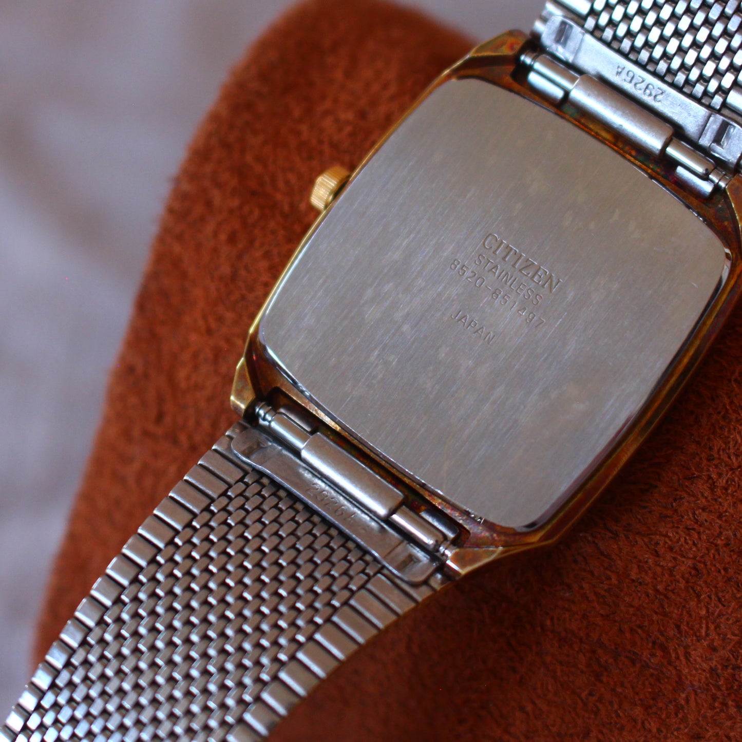 Vintage Citizen Quartz CQ Gold Tone Square Brass Case Patina Womens Watch - 80s