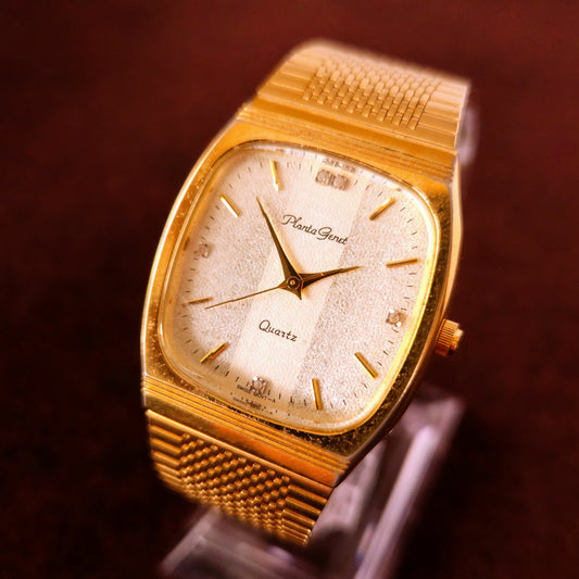 Vintage Planta Genet Square Gold Textured Dial Cut Glass Womens Watch - Jake's Curated Vintage 