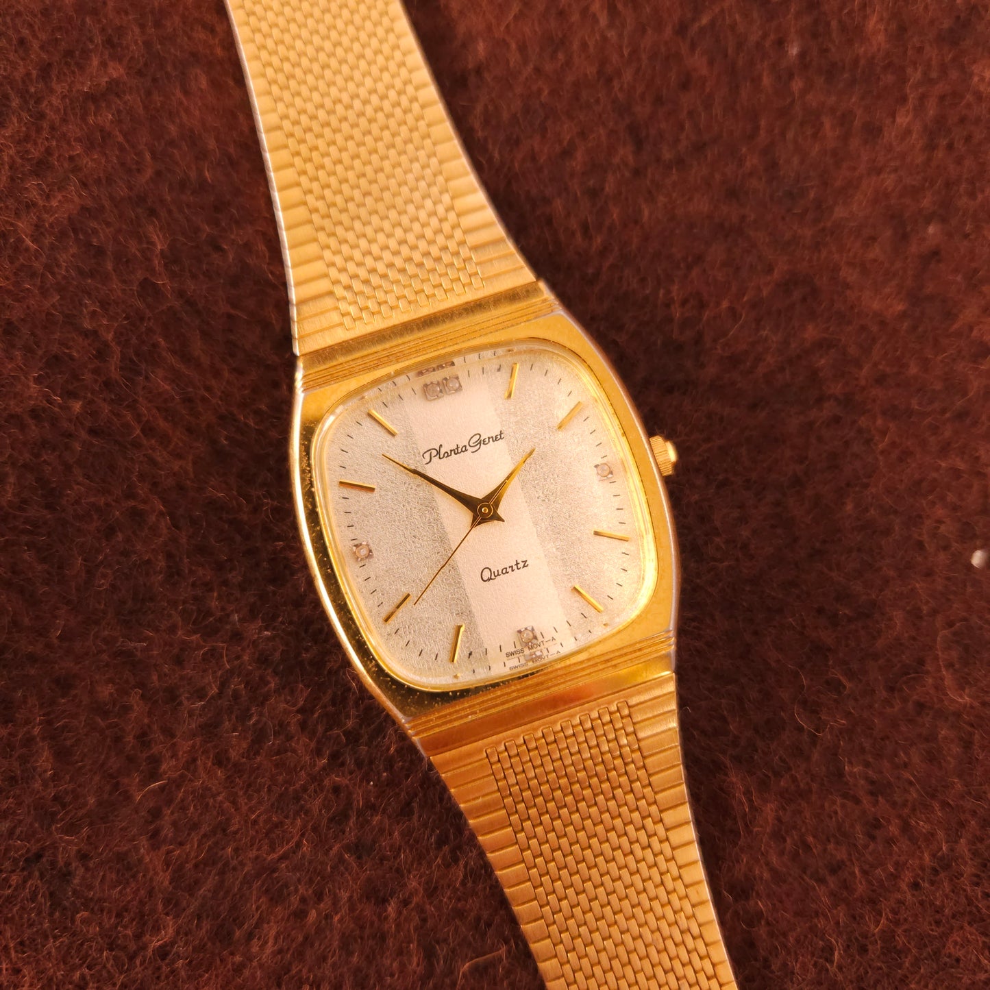 Vintage Planta Genet Square Gold Textured Dial Cut Glass Womens Watch - Jake's Curated Vintage 