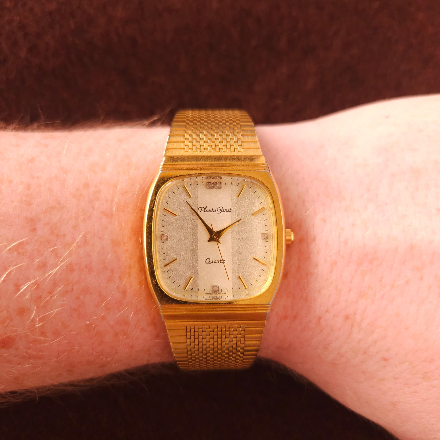 Vintage Planta Genet Square Gold Textured Dial Cut Glass Womens Watch - Jake's Curated Vintage 