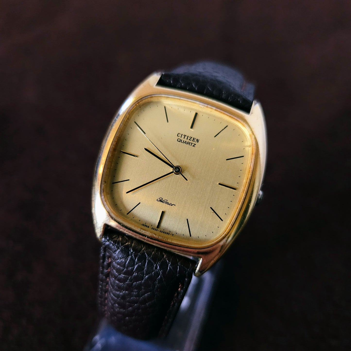 Vintage Citizen Square Art Deco Gold Brushed Dial Mens Watch - Made 1970s