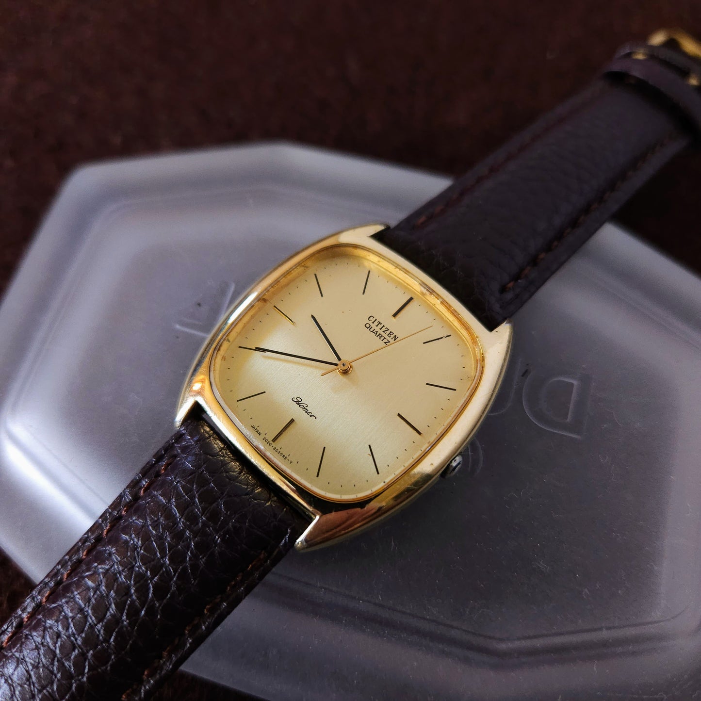 Vintage Citizen Square Art Deco Gold Brushed Dial Mens Watch - Made 1970s