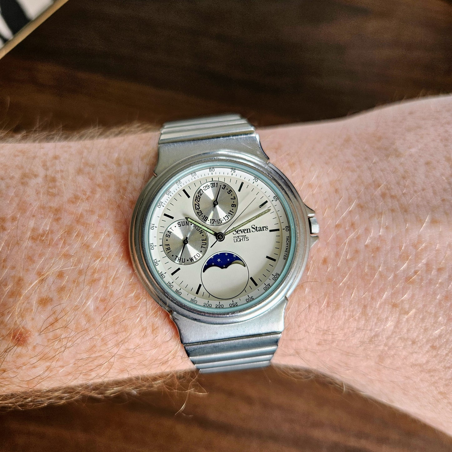 Seven Stars Custom Lights Moonphase Mens Calendar Watch - 1990s