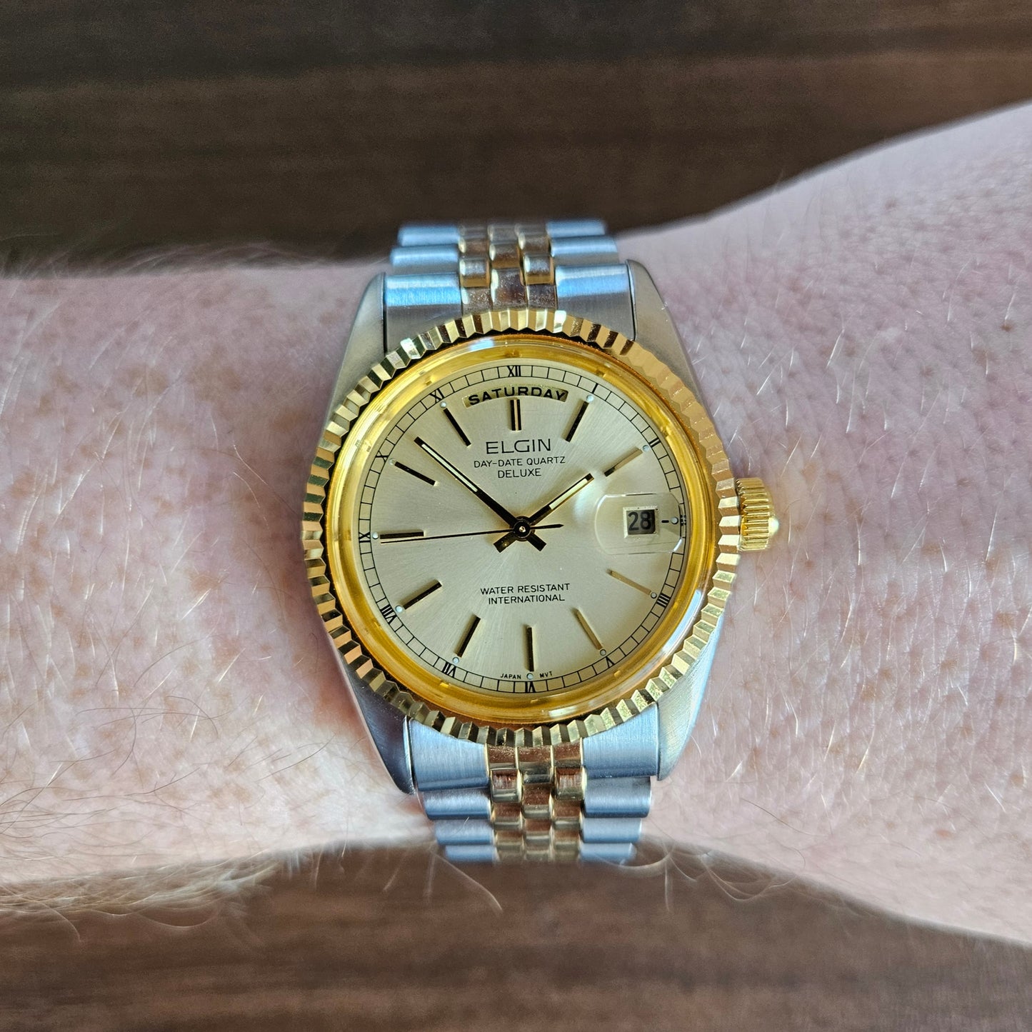 Vintage Elgin Day-Date Quartz Deluxe Watch - Two Tone Presidential Style