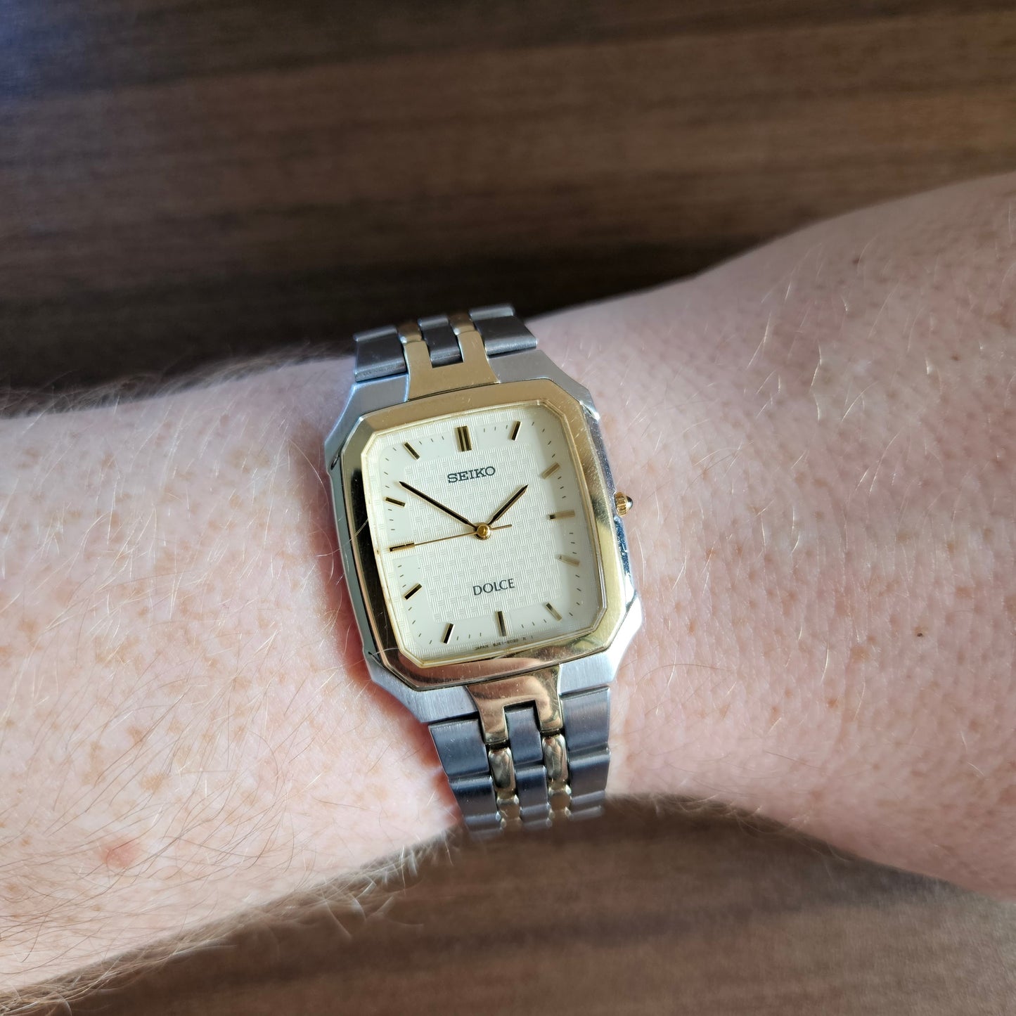 Retro Seiko Dolce Tank Mens Watch Two Tone Textured Dial - 8J41-5020 - 1998