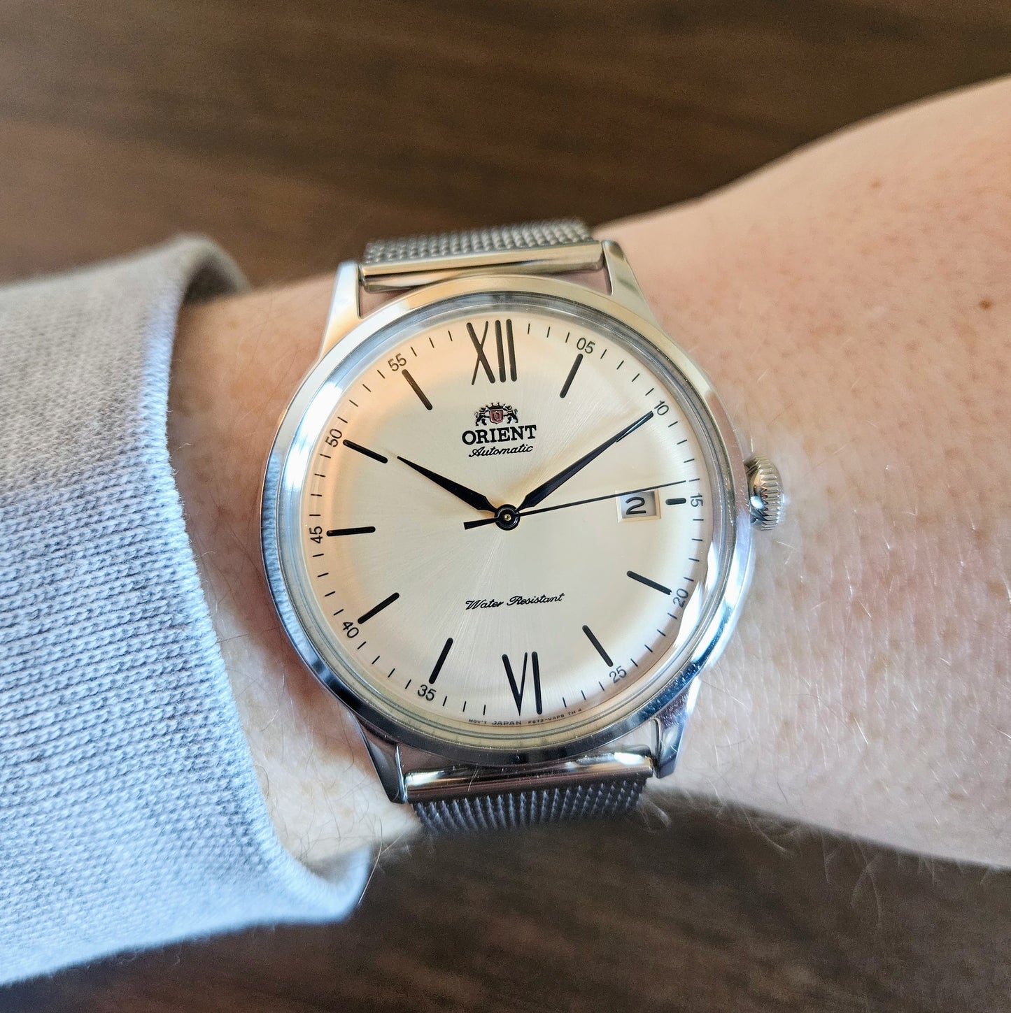 Orient Mens Automatic Dress Watch - Exhibition Caseback, Mesh Band