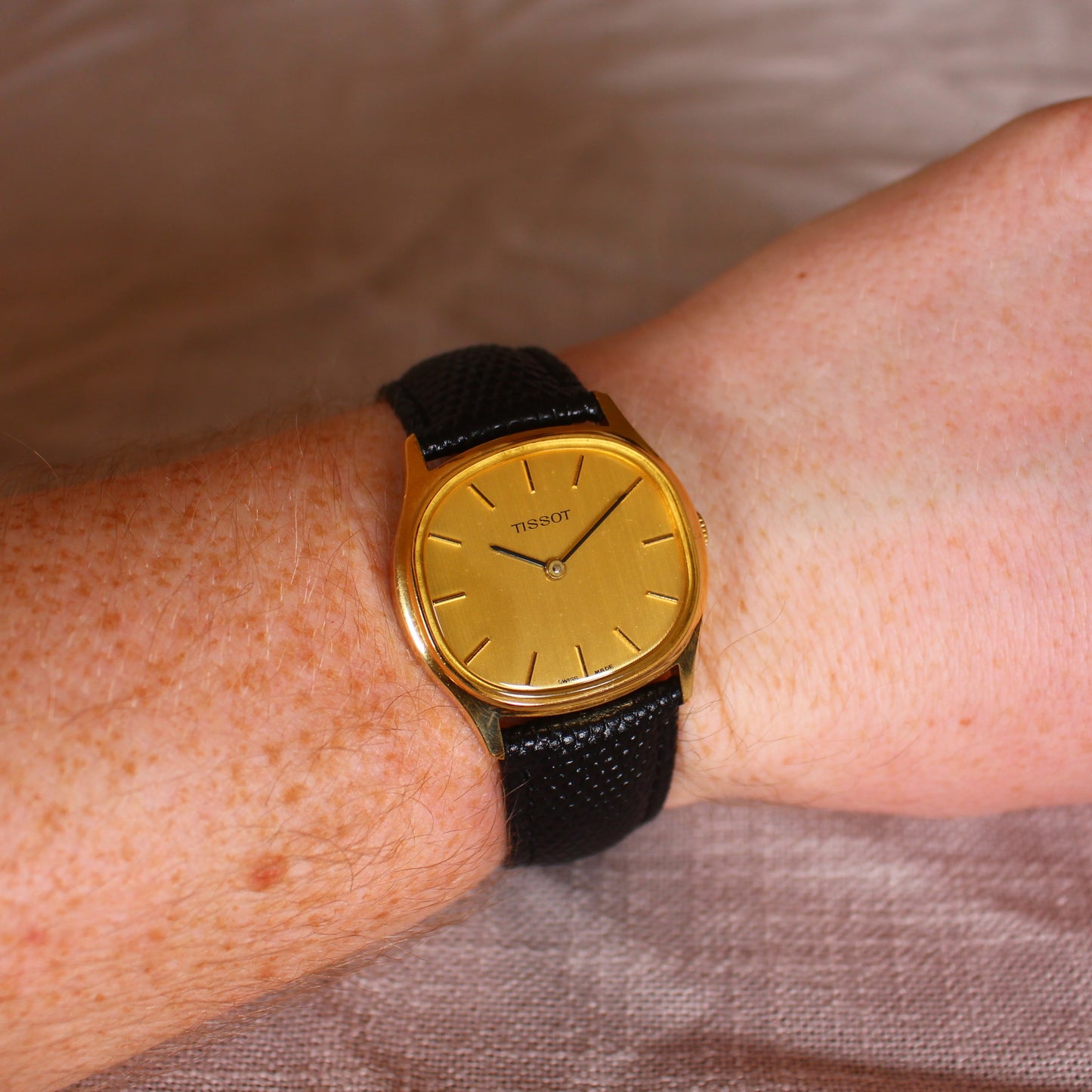 Vintage Tissot Swiss Made Manual Wind Dress Watch Brushed Gold Dial - 70s