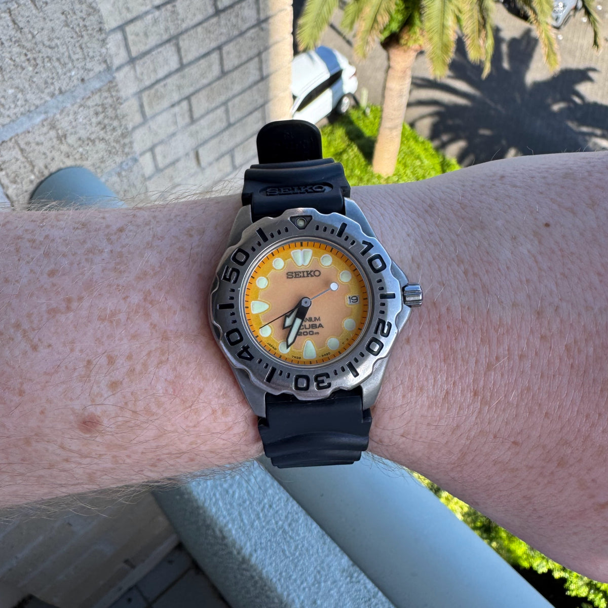 Seiko titanium Scuba orange dial dive watch 7N35-6A20, view 6
