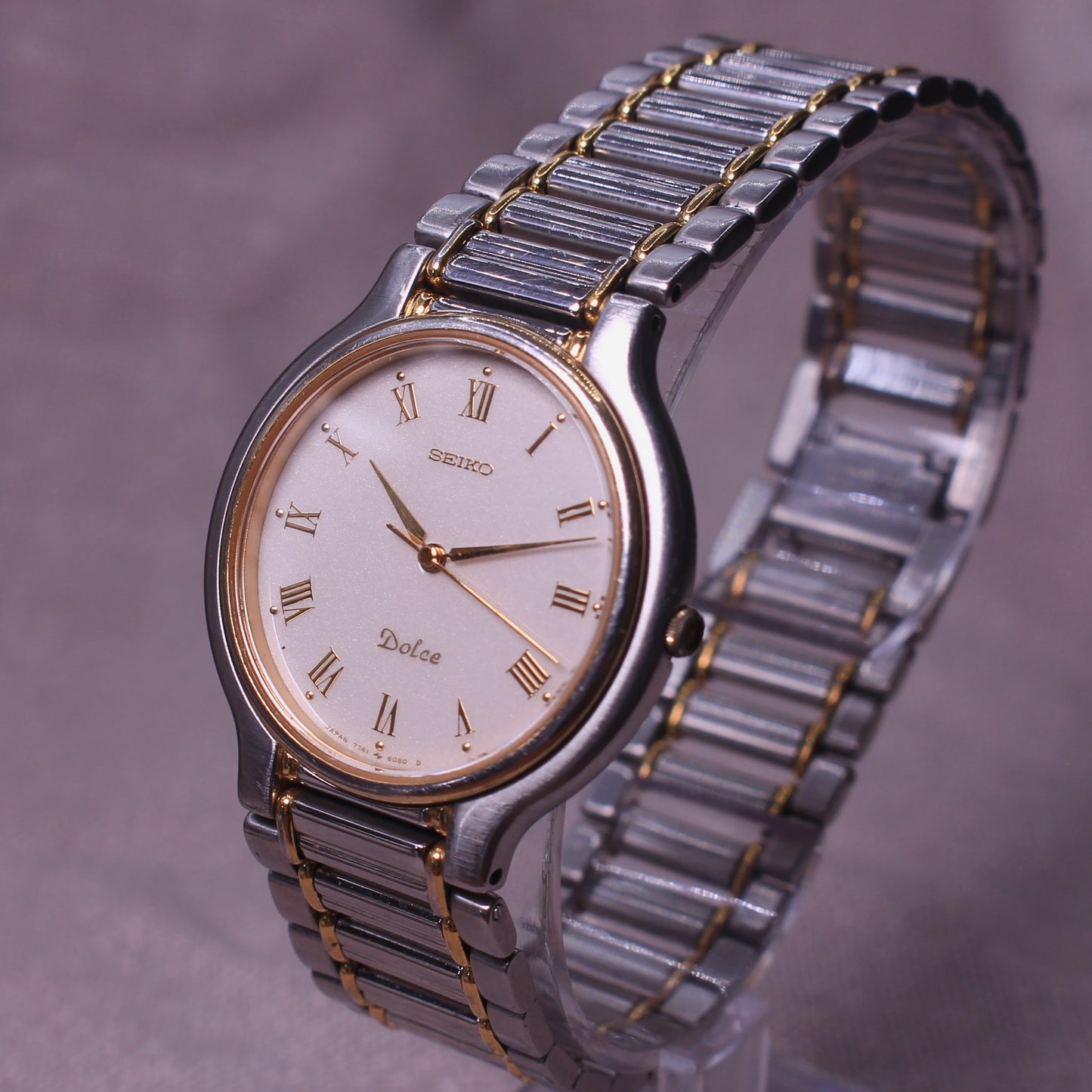 Vintage Seiko Dolce Roman Dial White Face Mens Dress Watch - 7741-6050 - 1990