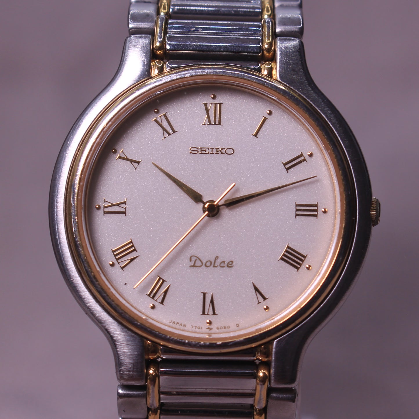 Vintage Seiko Dolce Roman Dial White Face Mens Dress Watch - 7741-6050 - 1990