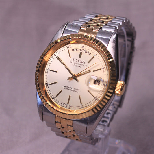 Vintage Elgin Day-Date Quartz Deluxe Watch - Two Tone Presidential Style