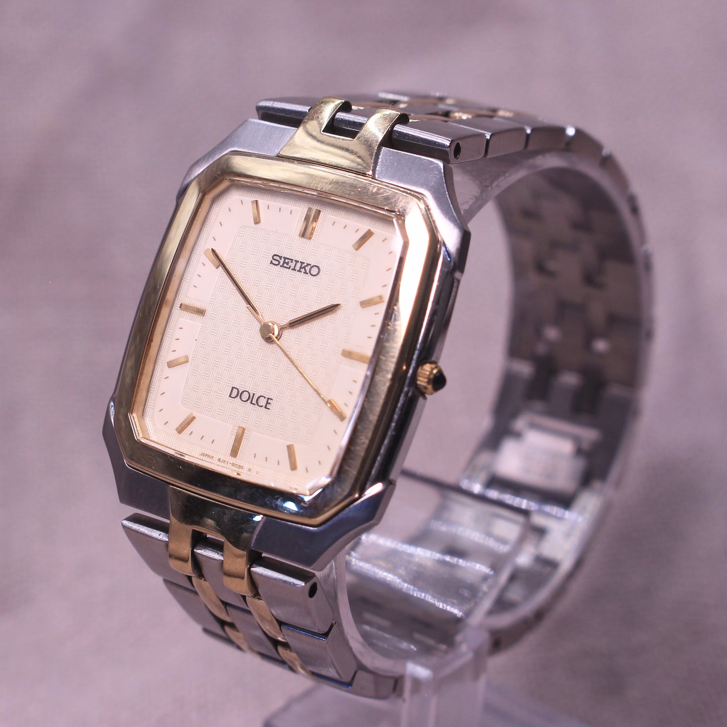 Retro Seiko Dolce Tank Mens Watch Two Tone Textured Dial - 8J41-5020 - 1998