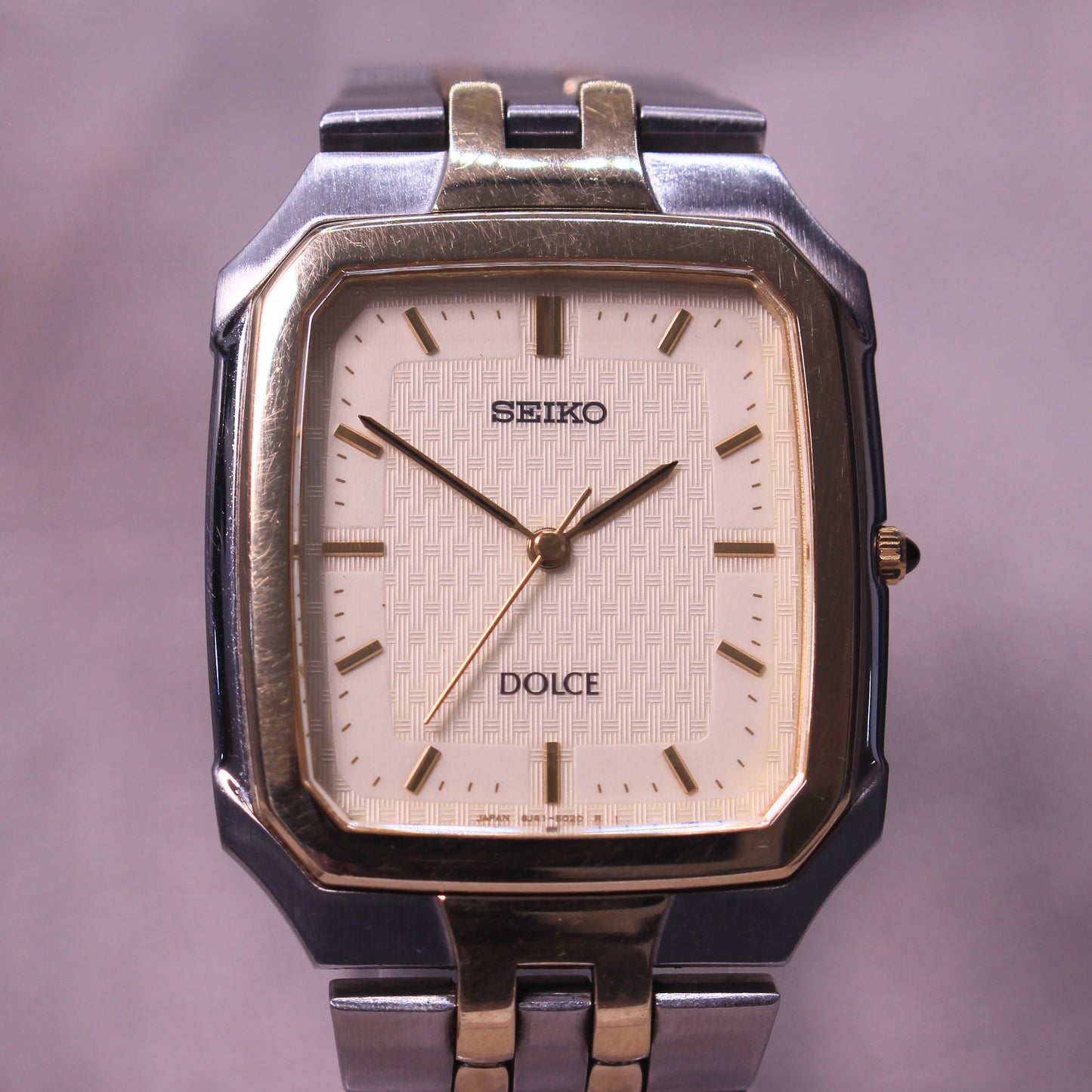 Retro Seiko Dolce Tank Mens Watch Two Tone Textured Dial - 8J41-5020 - 1998