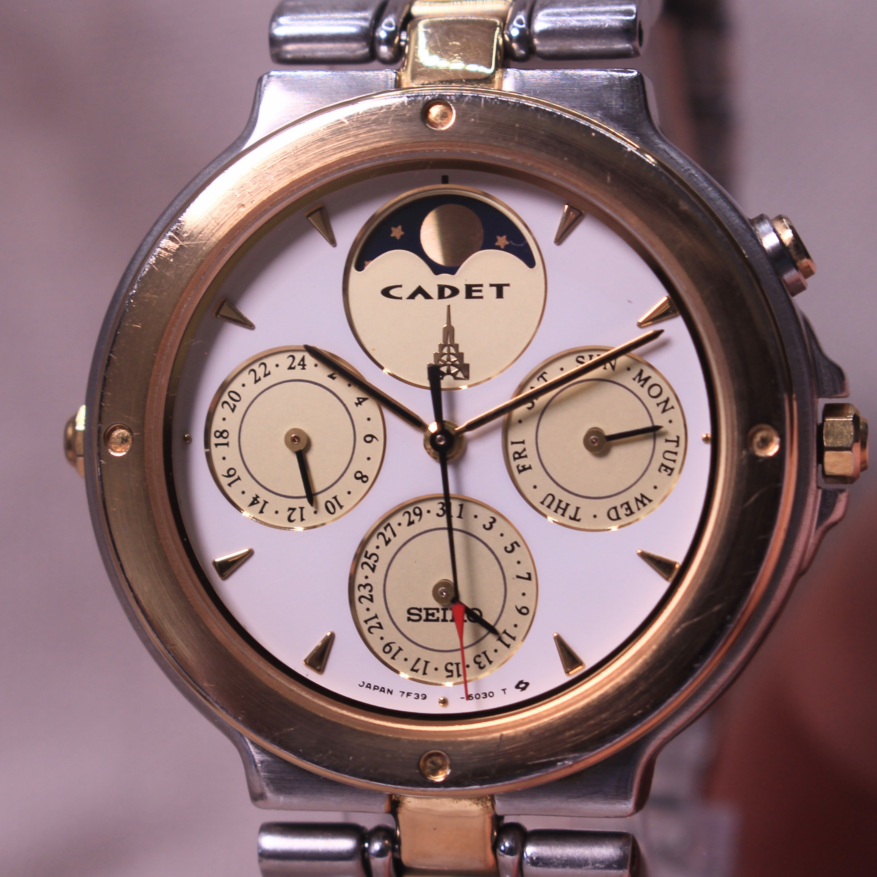 Vintage Seiko Cadet Moonphase Triple Calendar Watch Two Tone