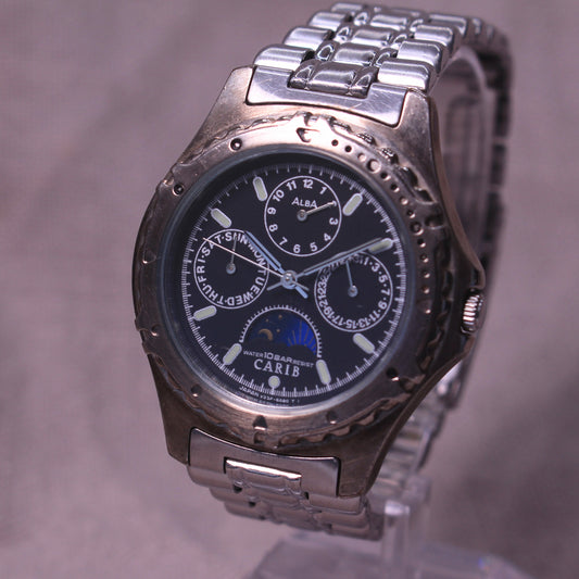 Vintage Seiko Alba CARIB Moonphase Triple Calendar Watch - V33F-6B20 - 1992