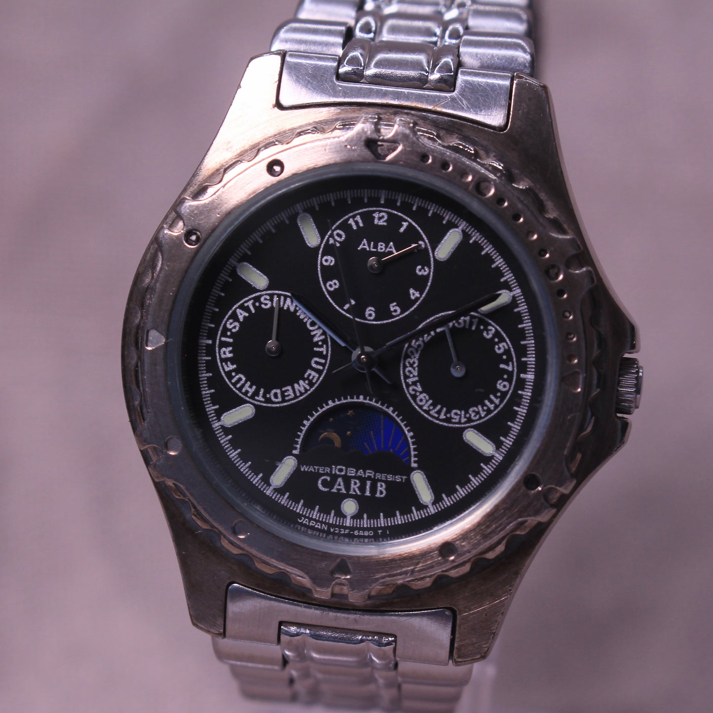 Vintage Seiko Alba CARIB Moonphase Triple Calendar Watch - V33F-6B20 - 1992