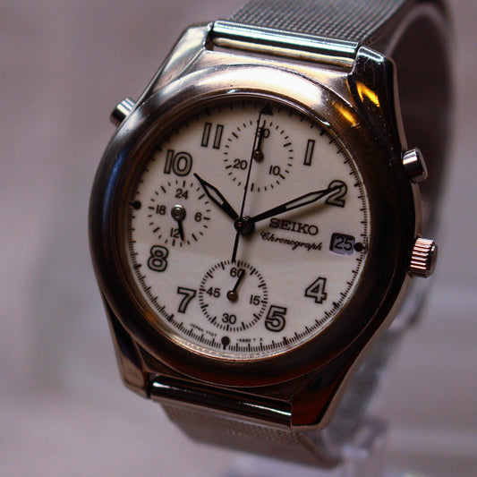 Rare JDM Seiko Chronograph White Full Lume Dial Mens Watch - 7T27-6A60 - 2004