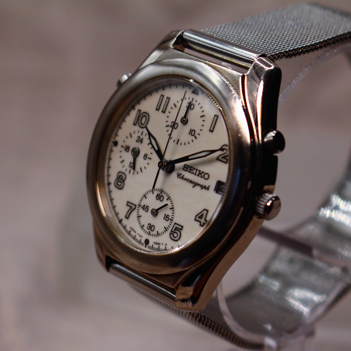 Rare JDM Seiko Chronograph White Full Lume Dial Mens Watch - 7T27-6A60 - 2004