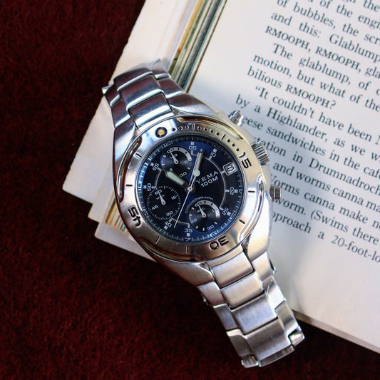 Neo-Vintage Yema Integrated Bracelet Chronograph Mens Watch - Blue Dial - 1990s
