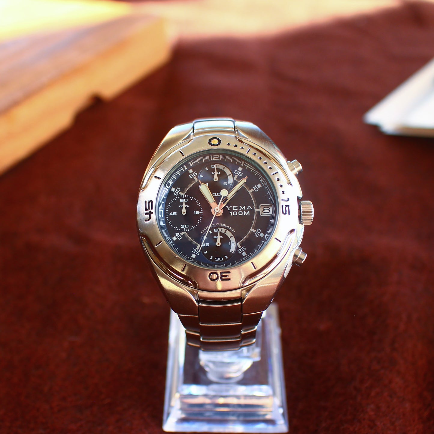Neo-Vintage Yema Integrated Bracelet Chronograph Mens Watch - Blue Dial - 1990s