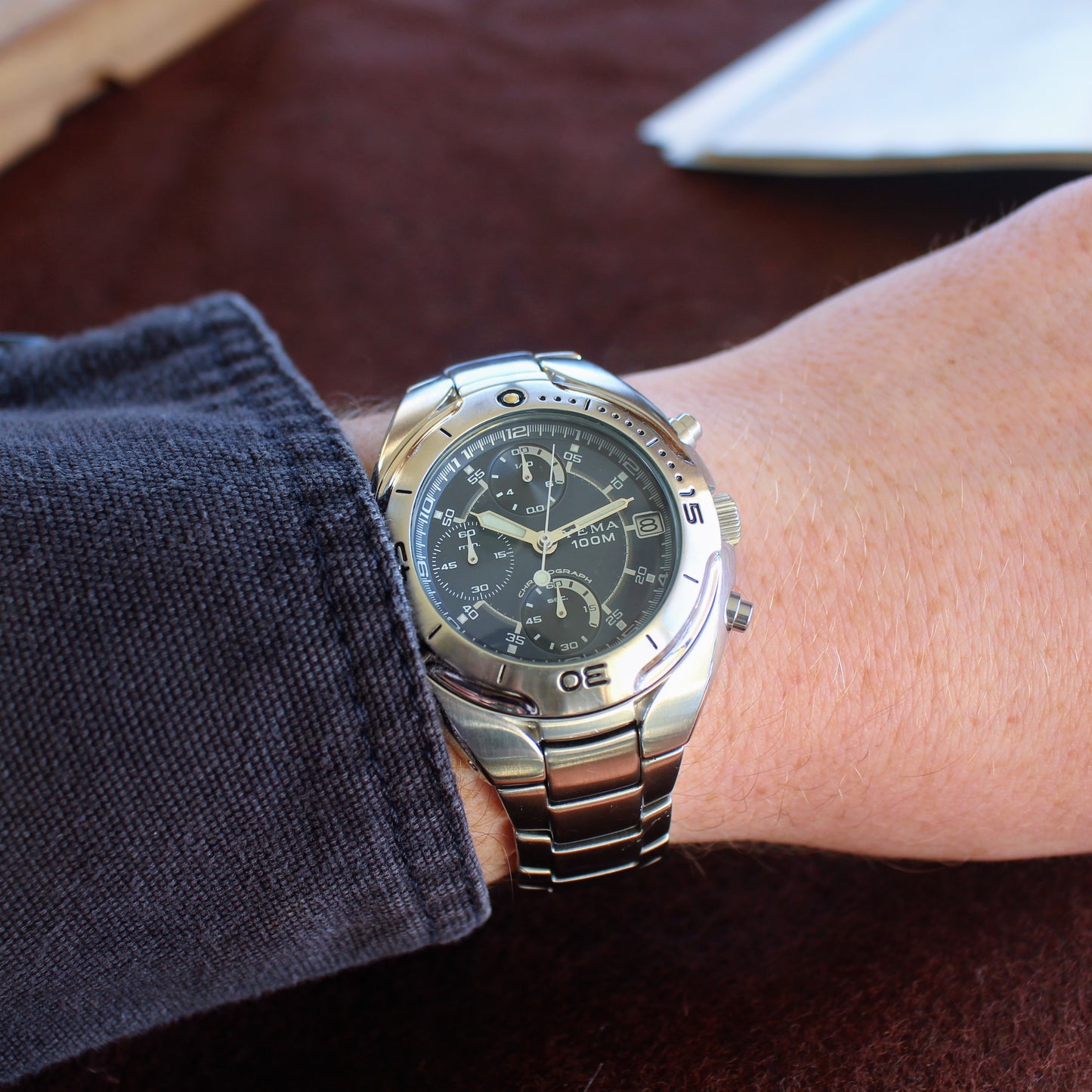 Neo-Vintage Yema Integrated Bracelet Chronograph Mens Watch - Blue Dial - 1990s