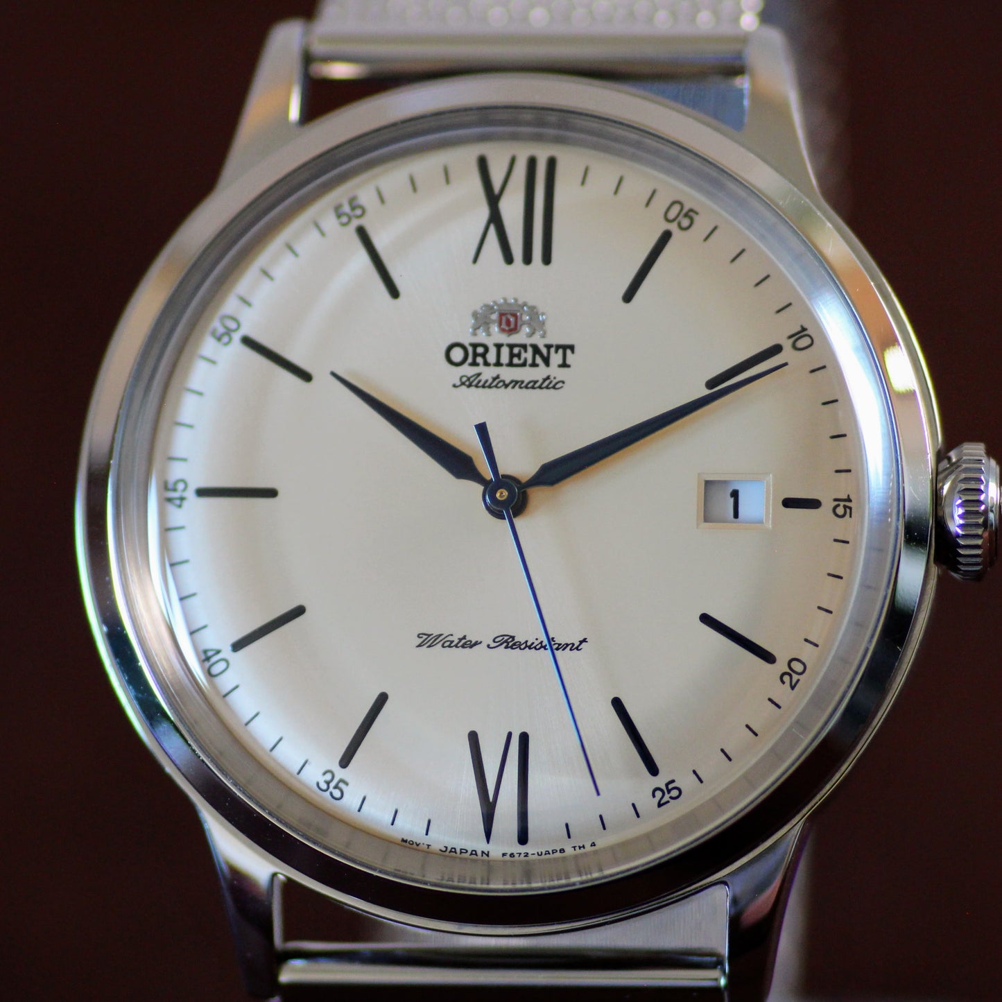 Orient Mens Automatic Dress Watch - Exhibition Caseback, Mesh Band