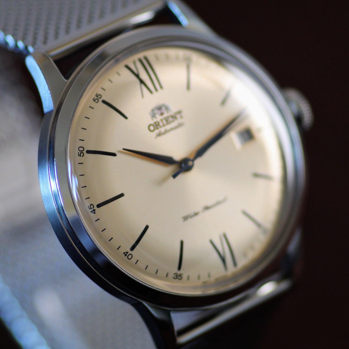 Orient Mens Automatic Dress Watch - Exhibition Caseback, Mesh Band
