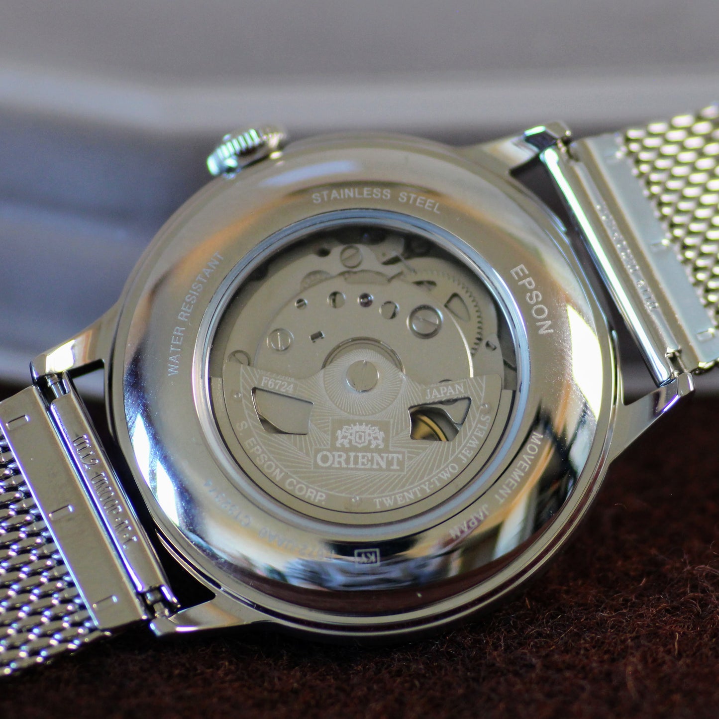 Orient Mens Automatic Dress Watch - Exhibition Caseback, Mesh Band