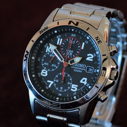 Neo-vintage Seiko Chronograph Mens Watch, Compass Bezel - 7T92-0DX0, 2007