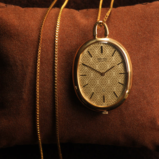 Vintage Seiko Quartz Pendant Watch Necklace - Patterned Dial