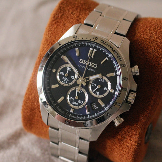 Modern Seiko Chronograph Quartz Watch 8T63 Blue Dial Steel Great Cond