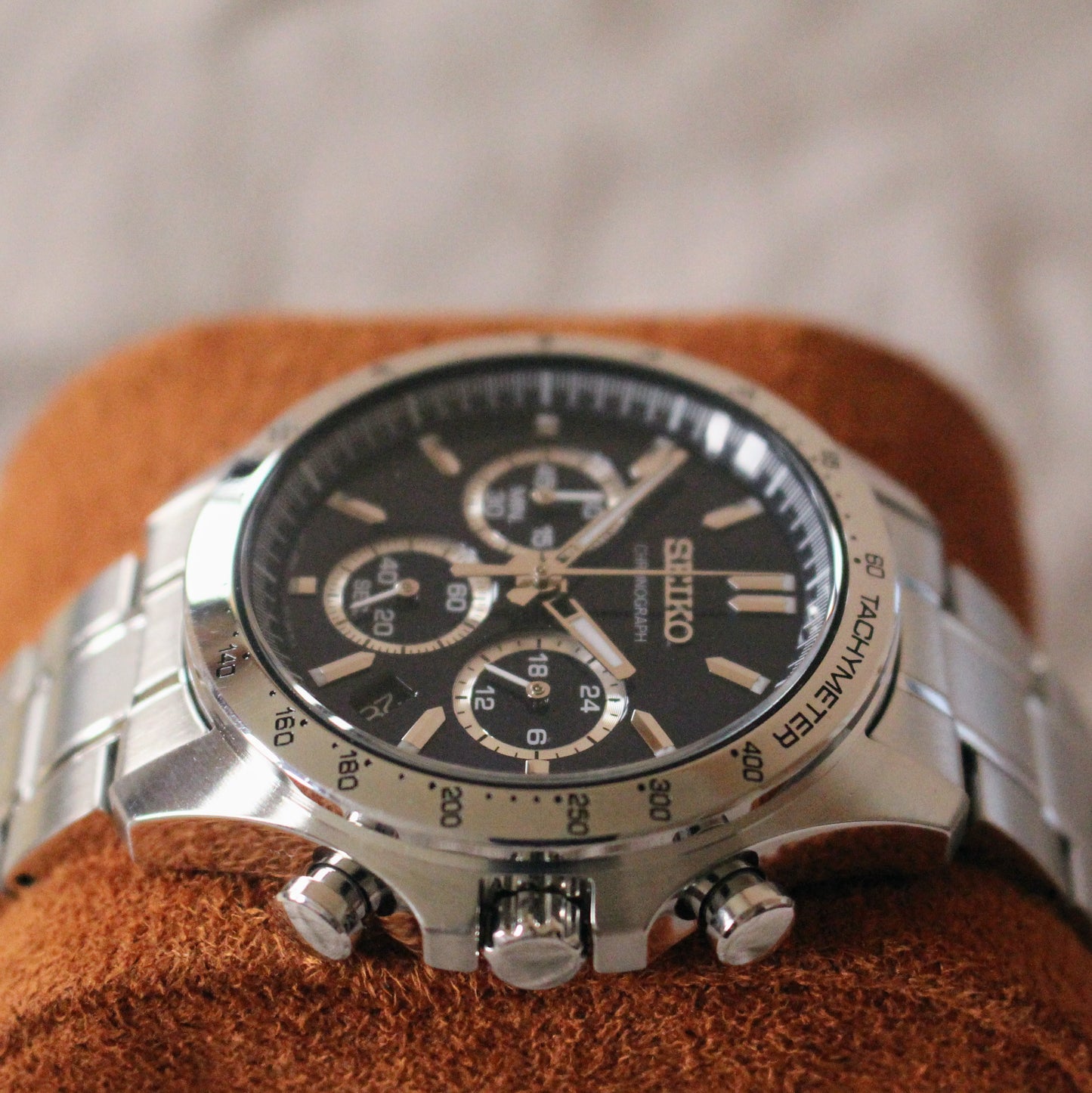 Modern Seiko Chronograph Quartz Watch 8T63 Blue Dial Steel Great Cond