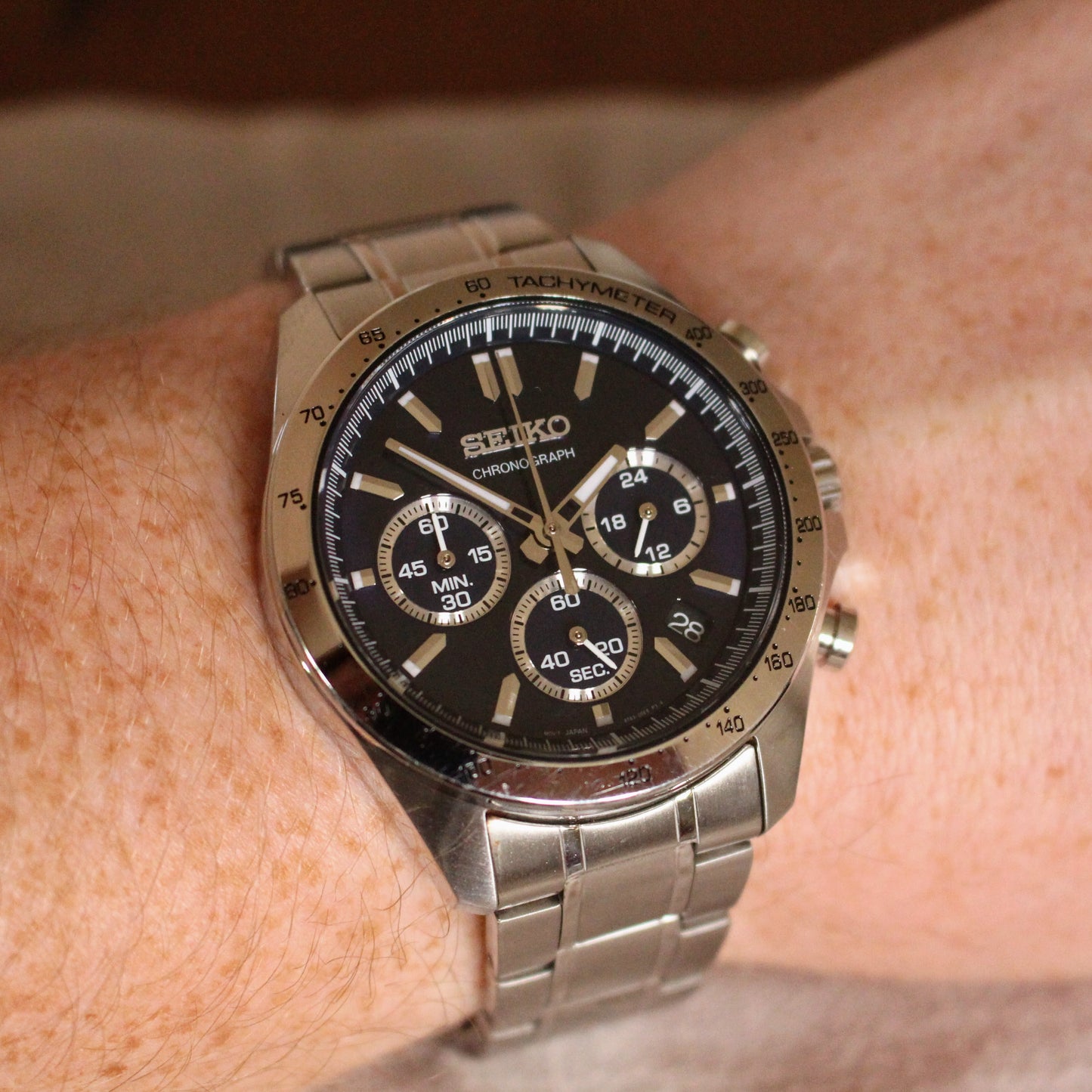 Modern Seiko Chronograph Quartz Watch 8T63 Blue Dial Steel Great Cond