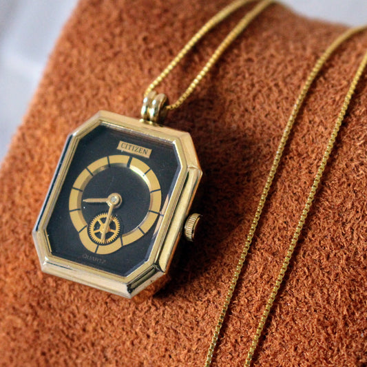 Vintage Citizen Ticking Gear Gold Black Dial Watch Necklace - Fully Working!