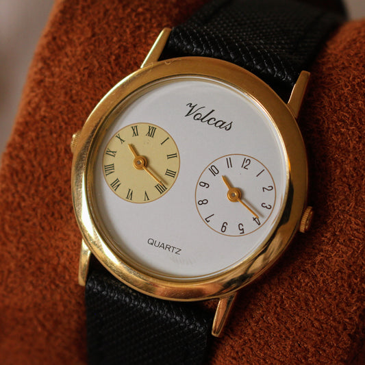 Vintage Volcas Dual Time Quartz Watch 80s Two Clocks Gold Tone Great Cond