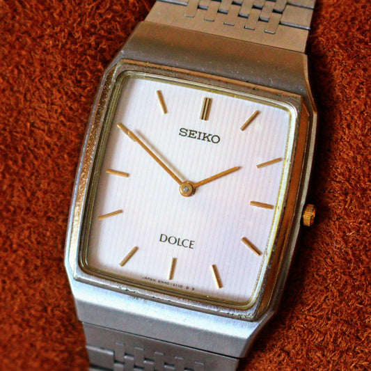 Vintage Seiko Dolce Two Tone Thin Dress Watch Striped Dial - 1992 - 8N40-5080