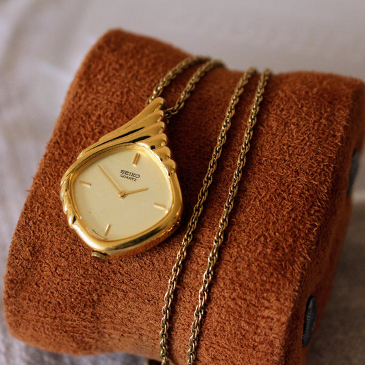 Vintage Seiko Gold Dial Art Deco Womens Watch Necklace - Fully Working! - 1981