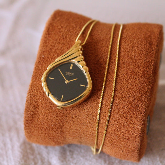 Vintage Seiko Black Dial Art Deco Womens Watch Necklace - Fully Working! - 1981