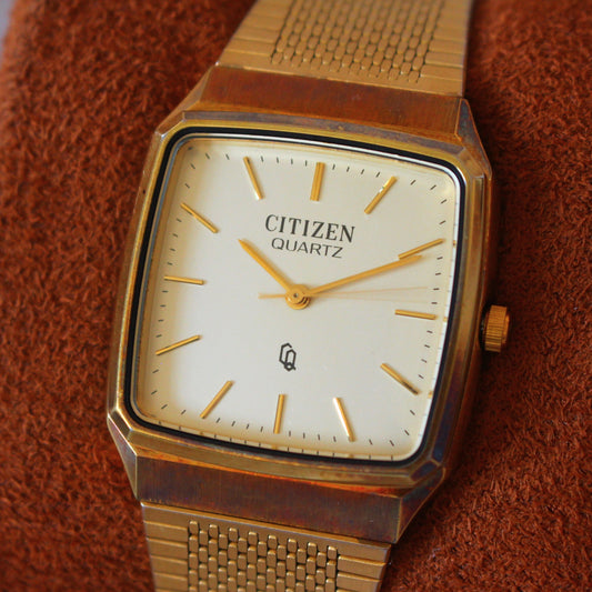 Vintage Citizen Quartz CQ Gold Tone Square Brass Case Patina Womens Watch - 80s