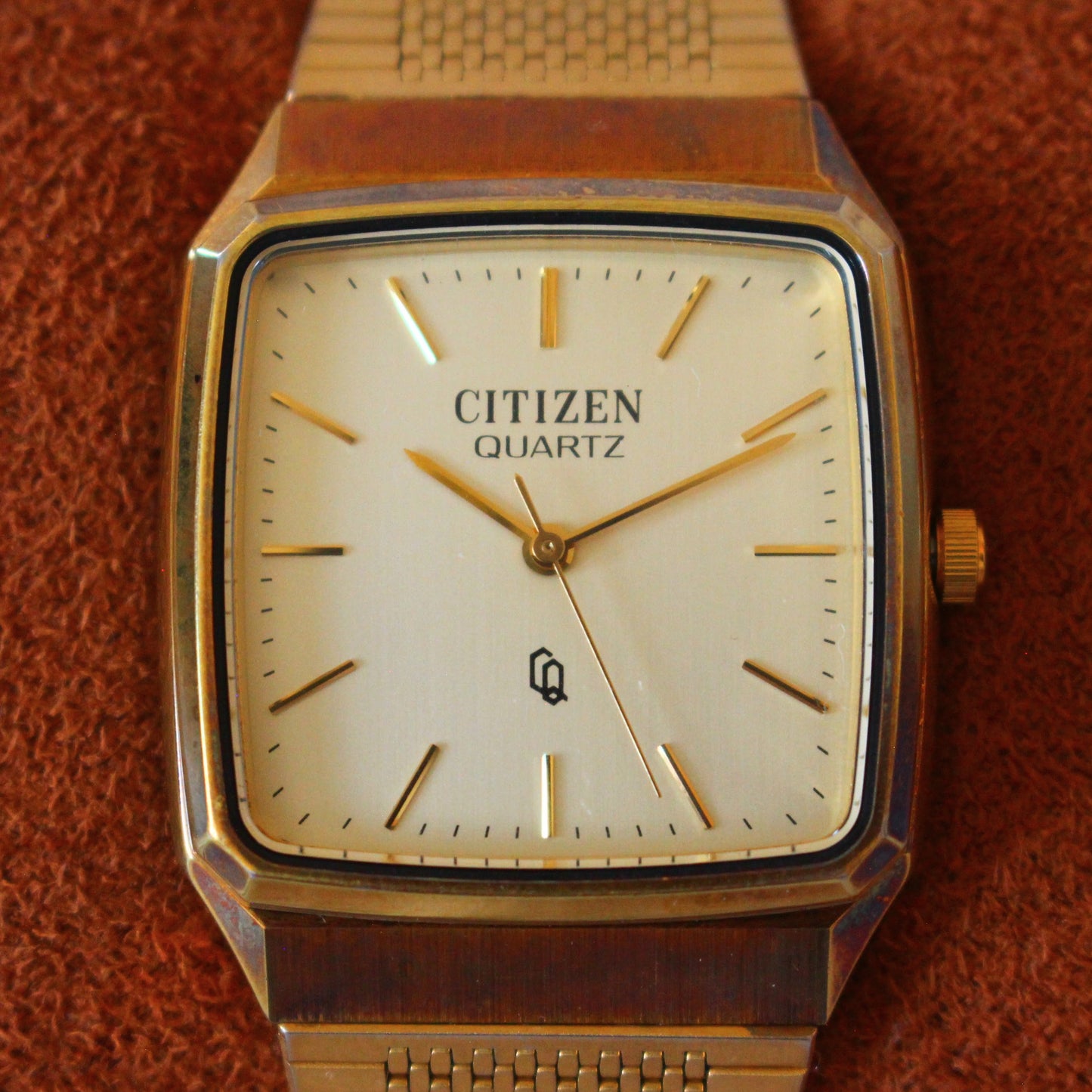 Vintage Citizen Quartz CQ Gold Tone Square Brass Case Patina Womens Watch - 80s
