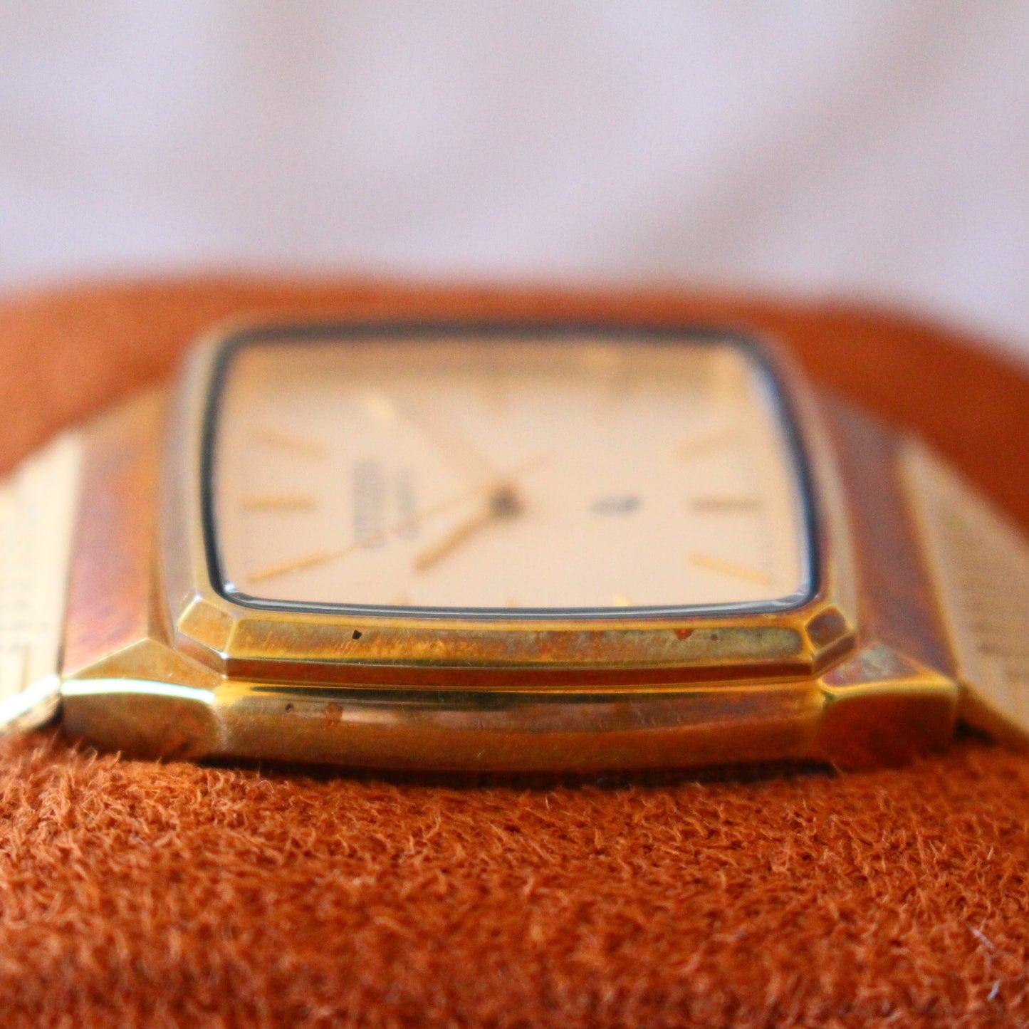 Vintage Citizen Quartz CQ Gold Tone Square Brass Case Patina Womens Watch - 80s